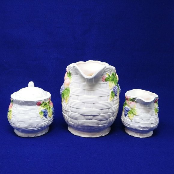 Pitcher Sugar Creamer Set Basket Weave Fruit Pattern Interpur Int'l Ceramic - Picture 8 of 11
